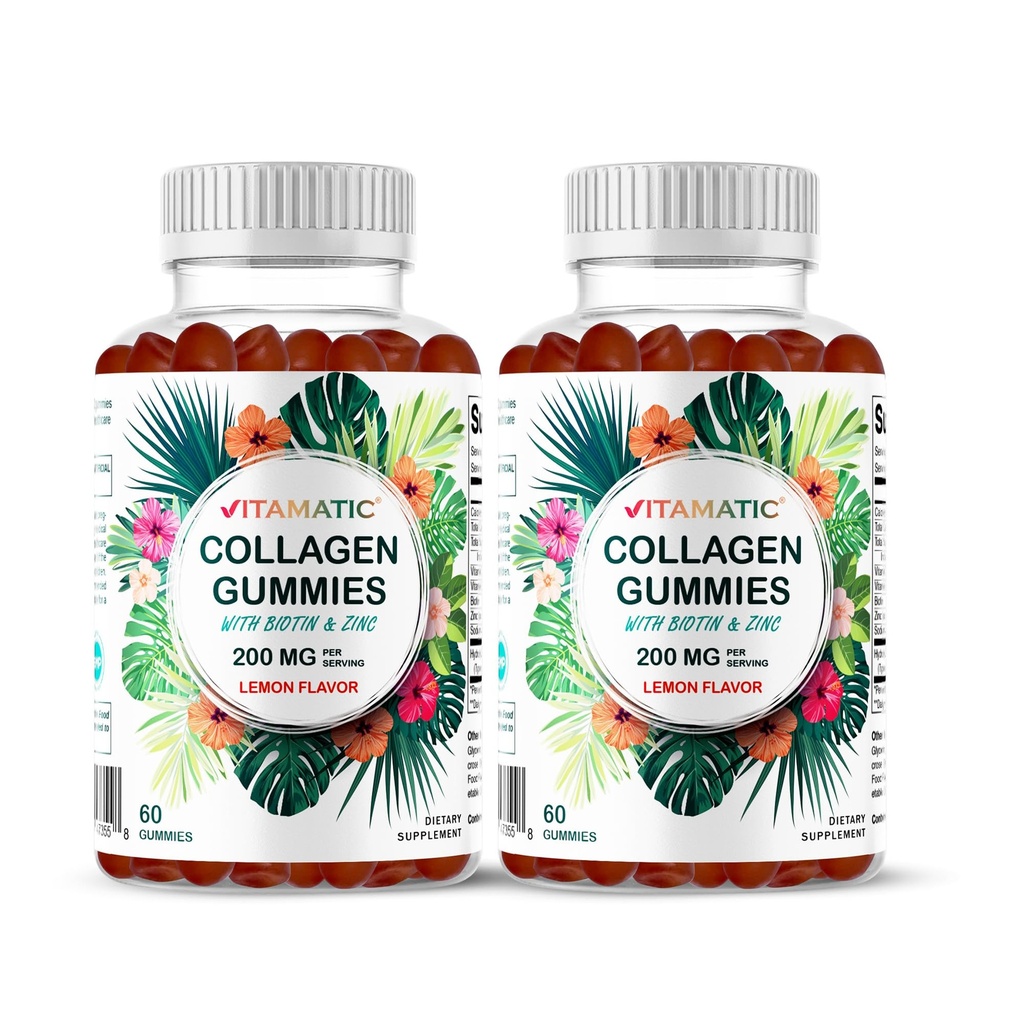 Vitamatic 2 συσκευασίες Υδρολυμένες Τσίχλες Κολλαγόνου με Βιταμίνη C, Ψευδάργυρο και Βιοτίνη, 200 mg - 60 Gummies (Συνολικός Αριθμός 120)