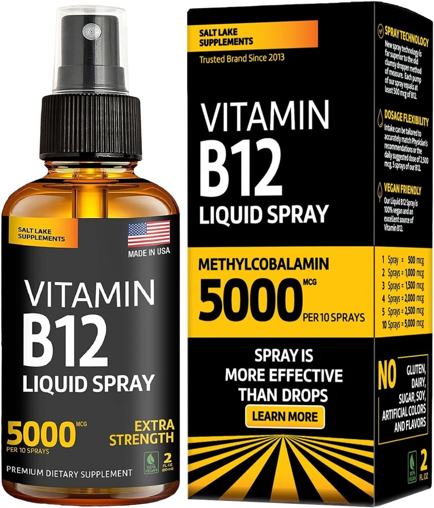 Βιταμίνη B12 Υπογλώσσιο σπρέι 5000 mcg – Vegan Methylcobalamin Liquid B12 Boost Energy, Mood & Brain Health - Χωρίς γλουτένη, Μη ΓΤΟ B12 Spray για άνδρες & γυναίκες - Εύκολη δοσολογία (5000 mcg σε 10 σπρέι)