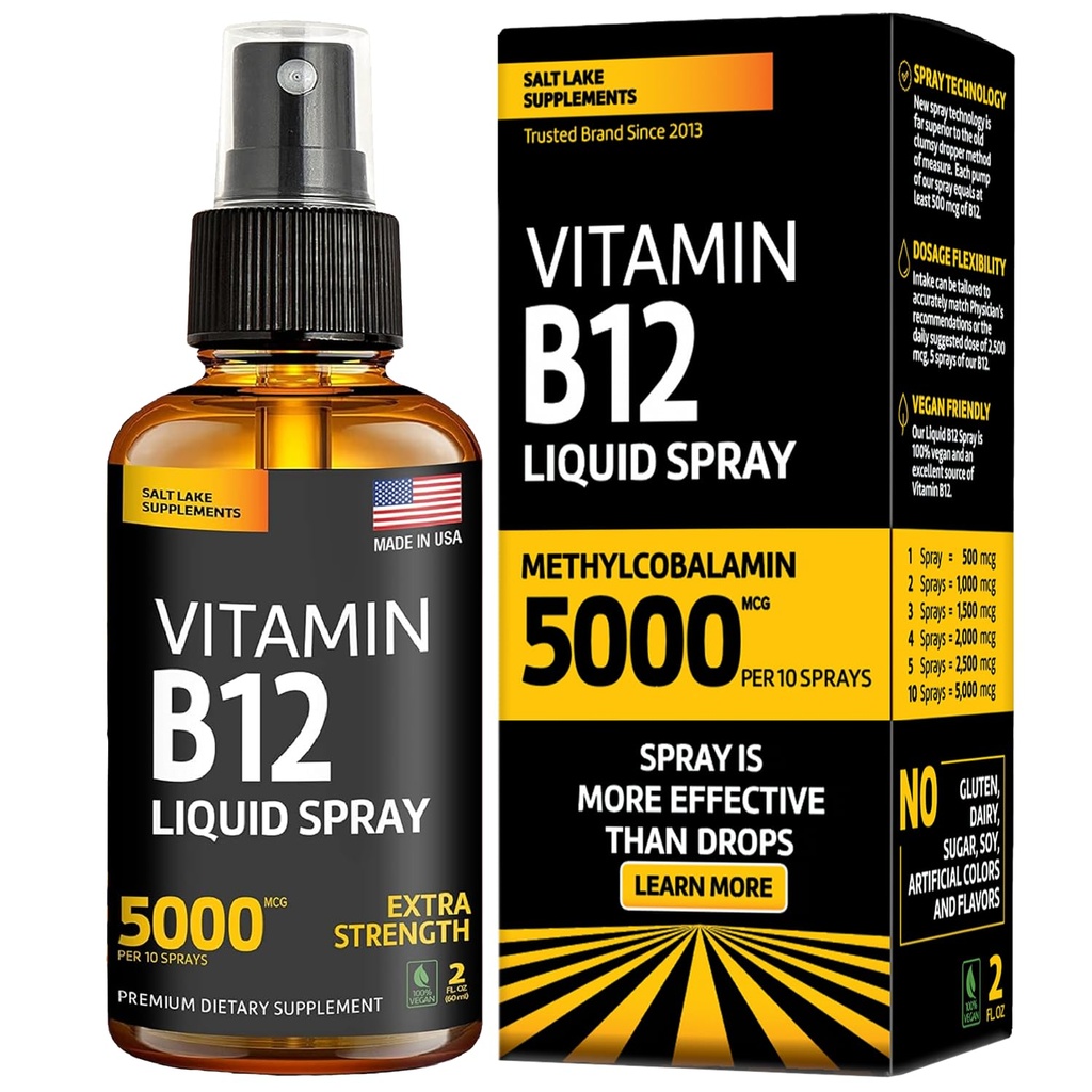Βιταμίνη B12 Υπογλώσσιο σπρέι 5000 mcg – Vegan Methylcobalamin Liquid B12 Boost Energy, Mood & Brain Health - Χωρίς γλουτένη, Μη ΓΤΟ B12 Spray για άνδρες & γυναίκες - Εύκολη δοσολογία (5000 mcg σε 10 σπρέι)