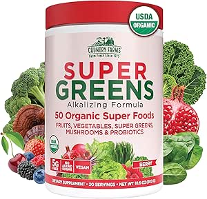 Country Farms Organic Super Greens Berry Flavor, 50 Organic Super Foods, Packed with Fiber, USDA Organic Drink Mix, Fruits, Vegetables, Mushrooms & Probiotics, Supports Energy, 5g Fiber