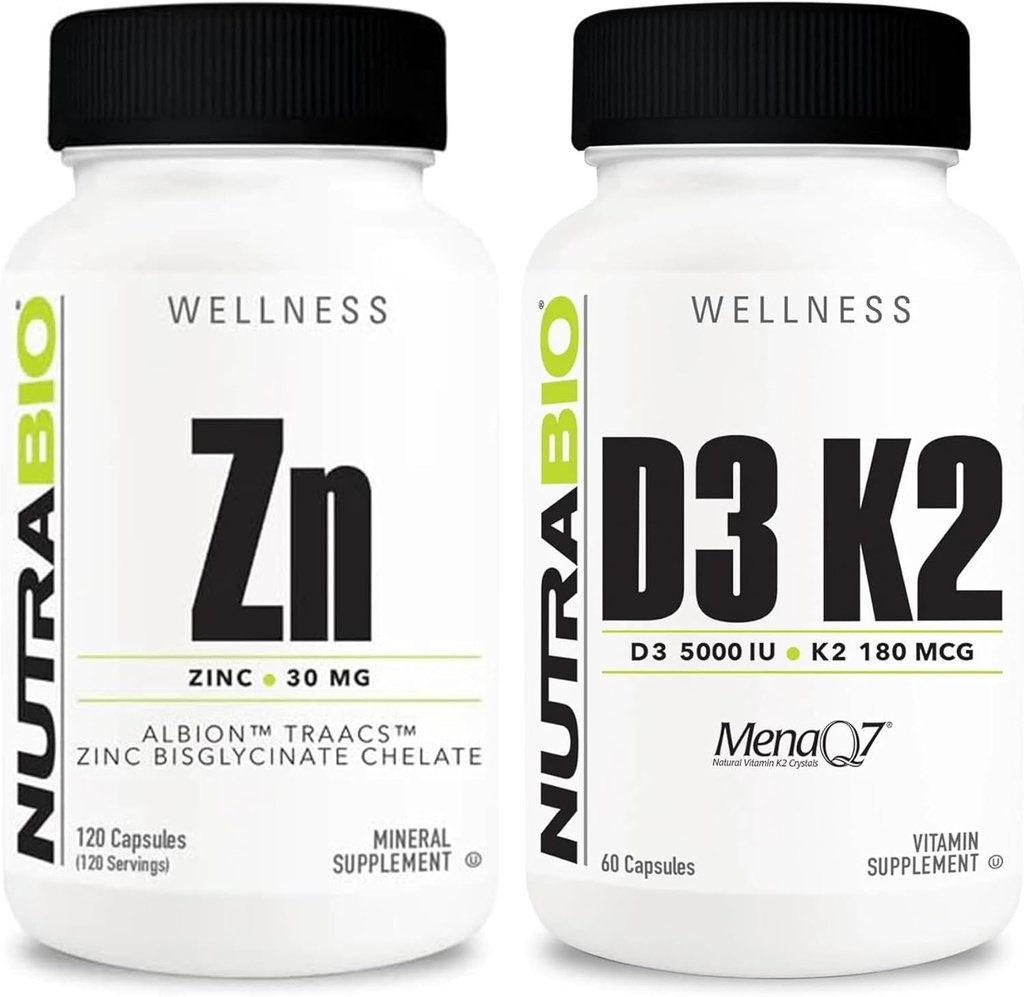 NutraBio Χηλικός ψευδάργυρος και βιταμίνη D3 K2 Ορυκτό συμπλήρωμα Bundle – Μπορεί να βοηθήσει με την ορθή ανάπτυξη, ανάπτυξη, ανοσοποιητικό σύστημα, και τα οστά και την καρδιά υγεία
