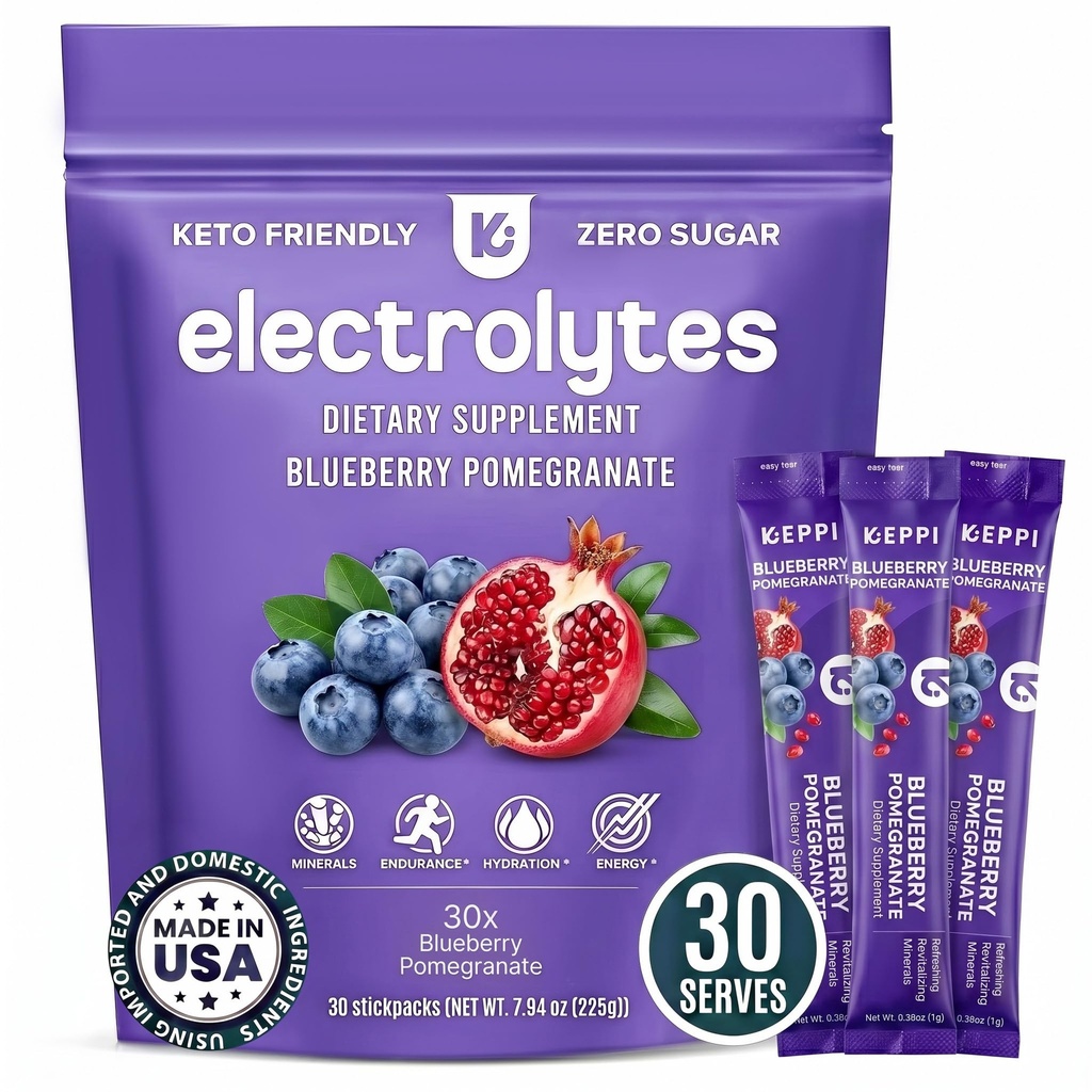 Πακέτα σκόνης Keppi Electrolytes – Ρόδι βατόμουρο 30 Σερβιέτες – Χωρίς συμπλήρωμα ενυδάτωσης από ζάχαρη με κάλιο, μαγνήσιο, νάτριο – Κέτο, Vegan, Fasting-Friendly, Zero θερμίδων