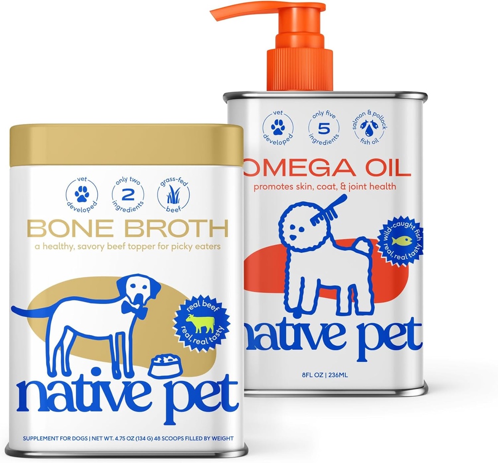 Native Pet Omega Oil for Dogs (8 oz.) & Βοδινό Broth οστών για σκύλους (4,75 oz.) - Made with Wild Alaskan Salmon Oil - EPA DHA και Bone Broth Powder Food Topper for Picky Eater