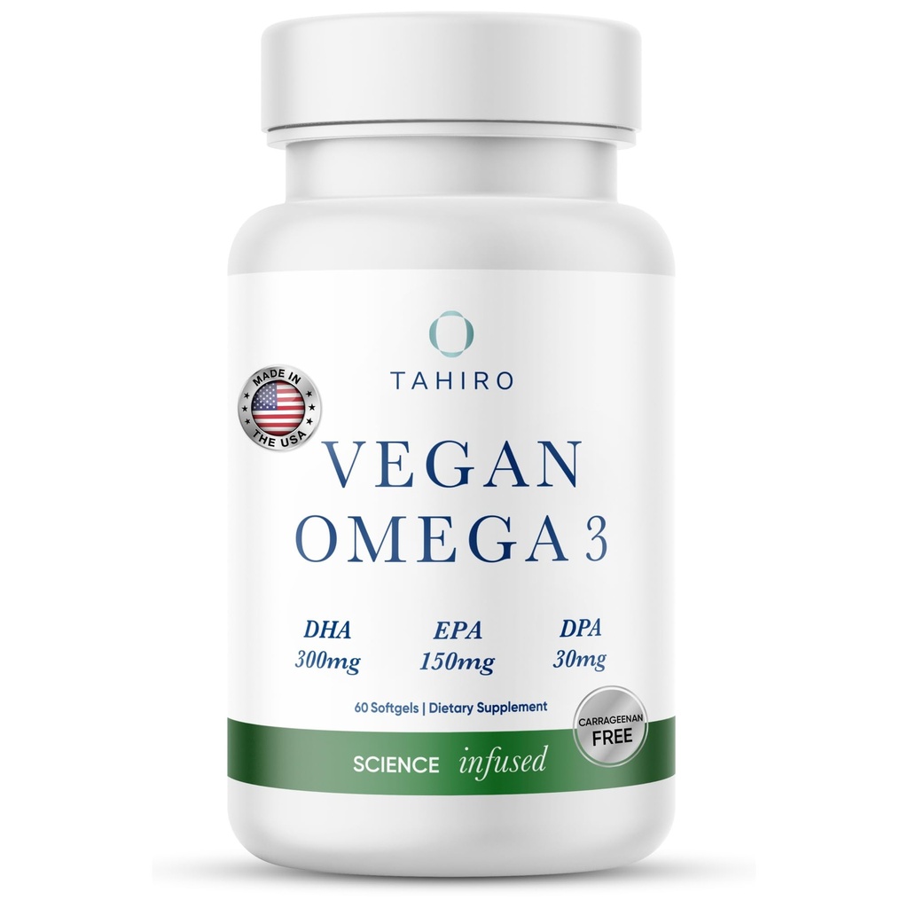 TAHIRO Vegan Omega-3 Softgels - φυτικό συμπλήρωμα με DPA, DHA & EPA - θρεπτικά συστατικά για άνδρες, γυναίκες και έγκυες γυναίκες - Υποστηρίζει την υγεία του εγκεφάλου - προγεννητική & κοινά συμπληρώματα, 1000mg