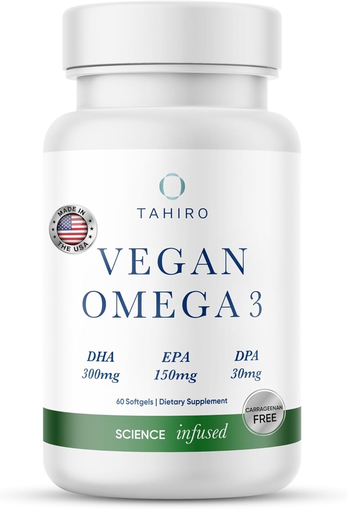 TAHIRO Vegan Omega-3 Softgels - Plant-Based Supplement with DPA, DHA & EPA - Nutrients for Men, Women and Pregnant Women - Supports Brain Health - Prenatal & Joint Supplements, 1000mg