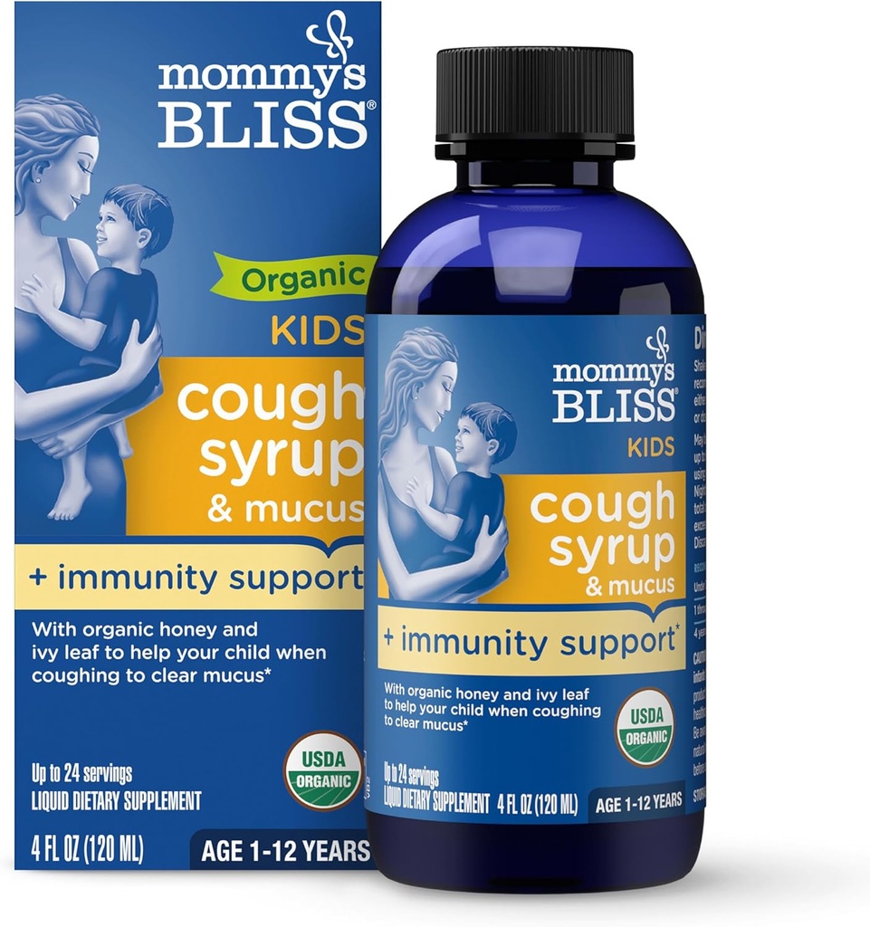 Mommy's Bliss Organic Kids Cough Syrup and Mucus Relief + Immunity Support, Agave & Honey, Ivy Leaf, Elderberry, Zinc, Vitamin C, 4 Fl Oz