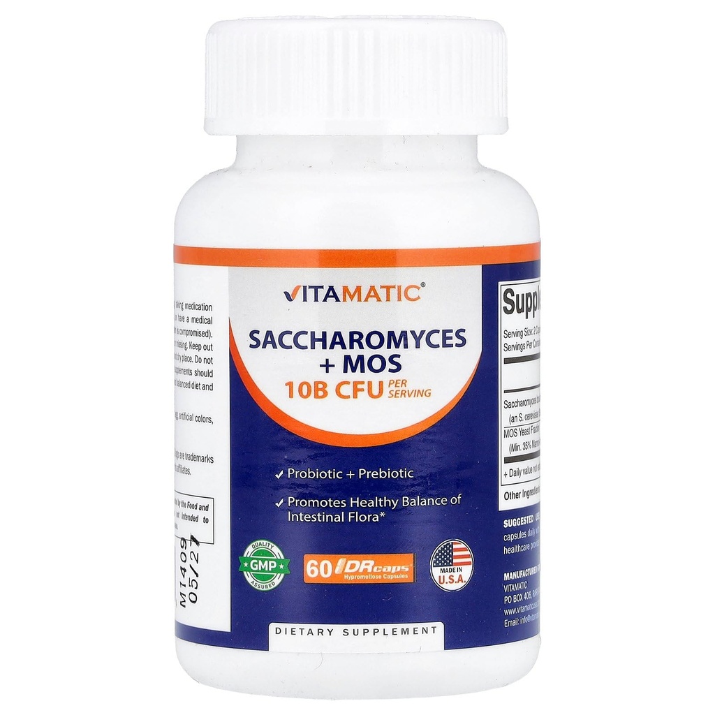 Vitamatic Saccharomyces Boulardii Probiotic 10B per Serving + Yeast Extract (MOS Yeast Fraction) 300 mg - 60 κάψουλες DR - Κατασκευασμένες στις ΗΠΑ