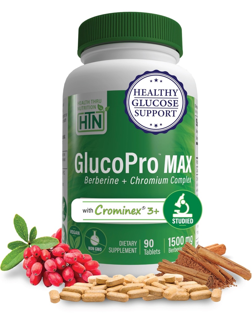 Health Thru Nutrition GlucoPro Max - with 1500mg Berberine 90 Tablets | Glucose Support Berberine Supplement with Chrominex + Chromium, and 1,000mg Cinnamon | Vegan, Non-GMO, Gluten Free