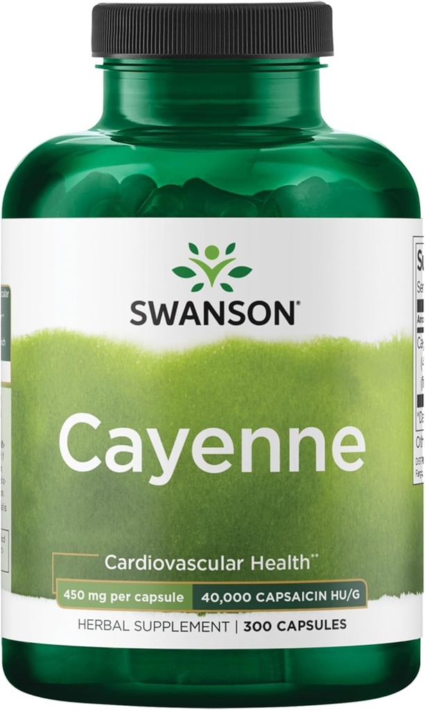 Swanson Cayenne - Βότανο συμπλήρωμα που προωθεί την πέψη, κυκλοφορία & Μεταβολισμός Υποστήριξη - Φυσική Φόρμουλα Μπορεί να υποστηρίξει την υγεία της καρδιάς - (300 κάψουλες, 450mg το καθένα)