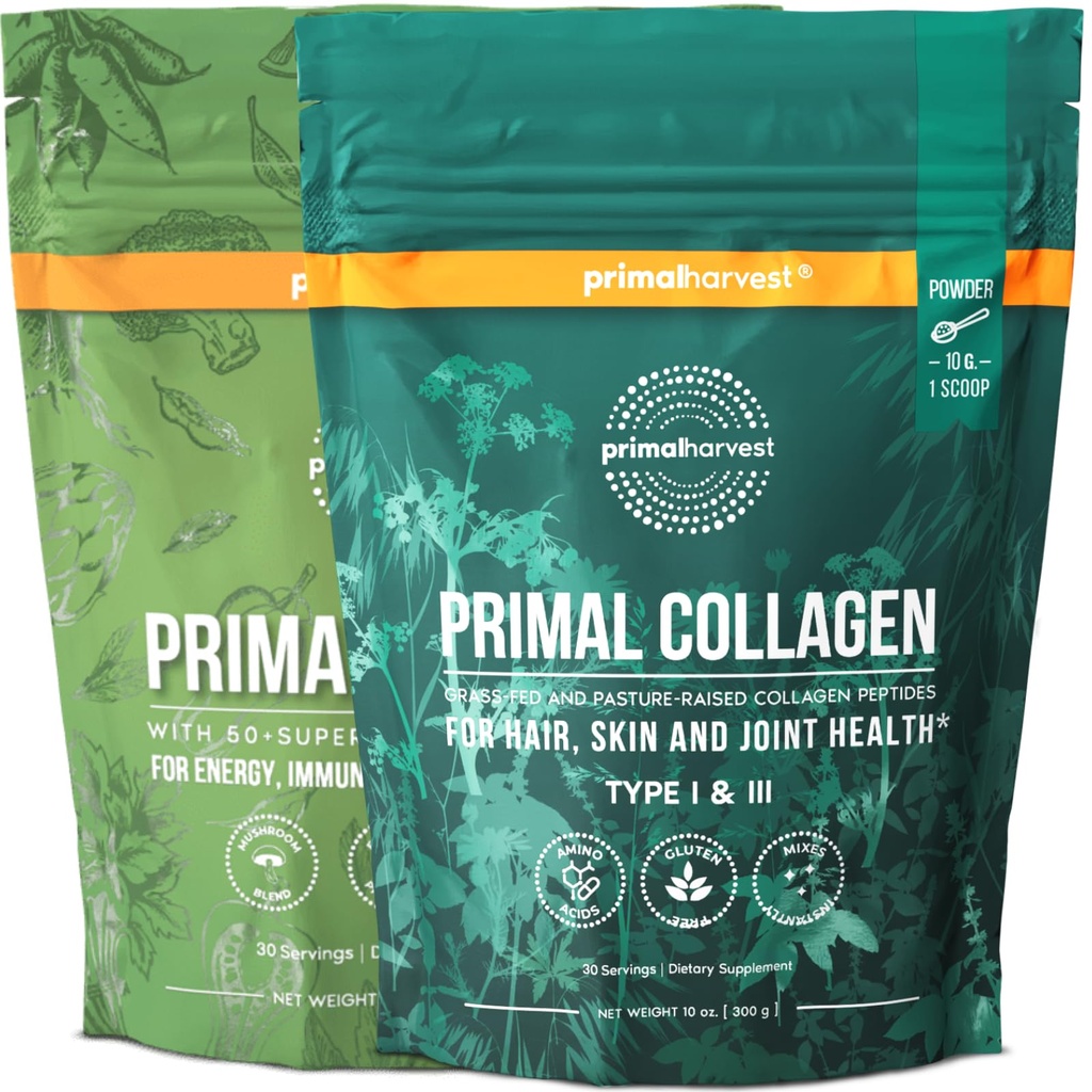 Primal Συγκομιδή Super Greens & Collagen Συμπληρώματα σκόνης για γυναίκες και άνδρες Superfood Greens Σκόνη και Collagen Peptides Σκόνη για τα μαλλιά, το δέρμα, και τα νύχια Bundle