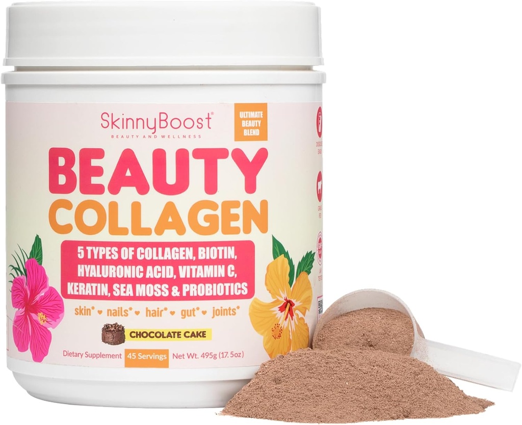 Beauty Collagen Powder-5 Τύποι υδρολυμένου κολλαγόνου, Sea Moss, Biotin, Keratin, Hyaluronic Acid, Vitamin C και Probiotics–Hair, Skin, Nails- All Natural, Made in USA-45 Servings- Σοκολάτα