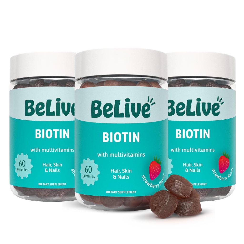 Belive Biotin Gummies - Δέρμα, νύχια & βιταμίνες μαλλιών με A, C, D, E, B12, ψευδάργυρος, φολάτης & Ινοσιτόλη, συμπλήρωμα βιοτίνης για την καταπολέμηση της γήρανσης, την ενέργεια και κολλαγόνο Boost, πολυβιταμίνες Gummies - Φράουλα 3-Pack
