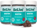 Belive Biotin Gummies - Δέρμα, νύχια & βιταμίνες μαλλιών με A, C, D, E, B12, Ψευδάργυρος, Folate & Ινοσιτόλη, Biotin συμπλήρωμα για την καταπολέμηση της γήρανσης, την ενέργεια & Collagen Boost, Multivitamin Gummies - Φράουλα 3-Pack