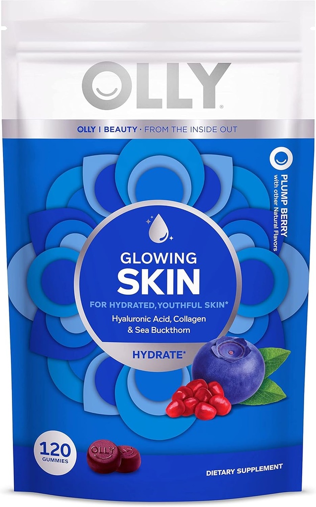 OLLY Glowing Skin Collagen Gummy, Hydrated, Youthful Skin, Hyaluronic Acid, Sea Buckthorn, Chewable Supplement, Berry, 60 Day Supply - 120 Count Pouch (Pack of 6)