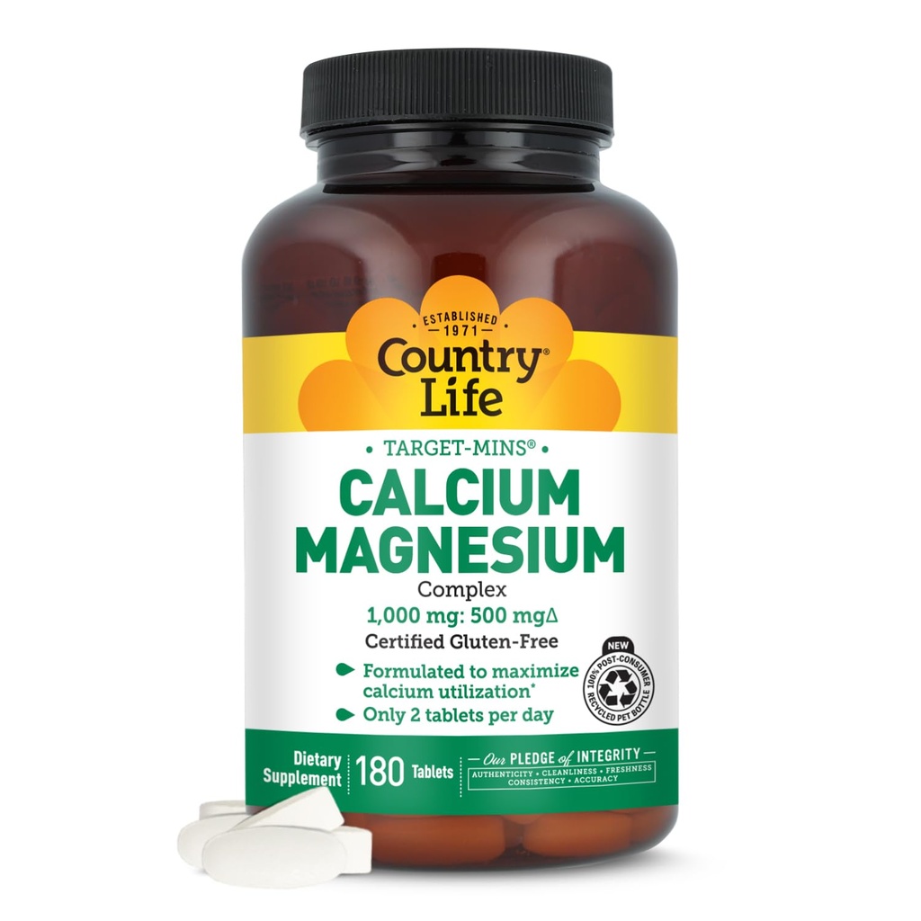 Country Life Target-Mins Calcium Magnesium Complex 1000mg/500mg, 180 δισκία, Certified Gluten Free, Certified Vegan, Certified Non-GMO Επαληθευμένο