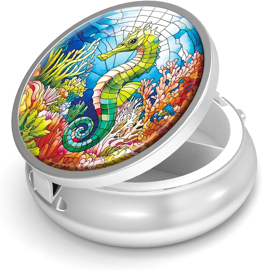 Χάπια Box-3 Διαμέρισμα Μικρό Χάπια Θήκη για Αγορές & Pocket Mini Μεταλλικό Χάπια Κάτοχος Ταξιδιωτικό Χάπια Δοχείο για να κρατήσει συμπληρώματα Βιταμίνες BPA-Free (Seahorse)