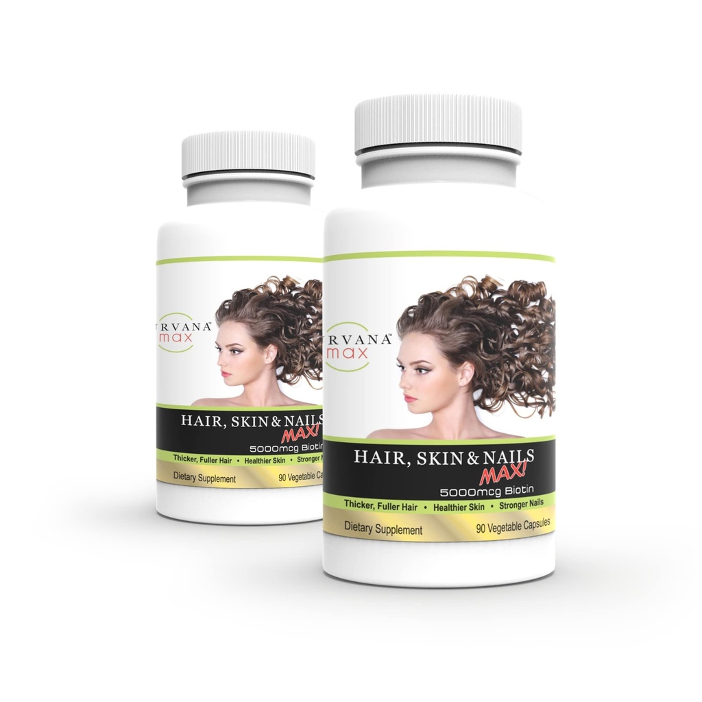 Wellgenix Purvana Max Μαλλιά, δέρμα, & κάψουλες βιταμίνης νυχιών, διπλής αντοχής Biotin 5000MG, Fo-Ti Root, VIT A & B, Folic Acid (2 Pack)