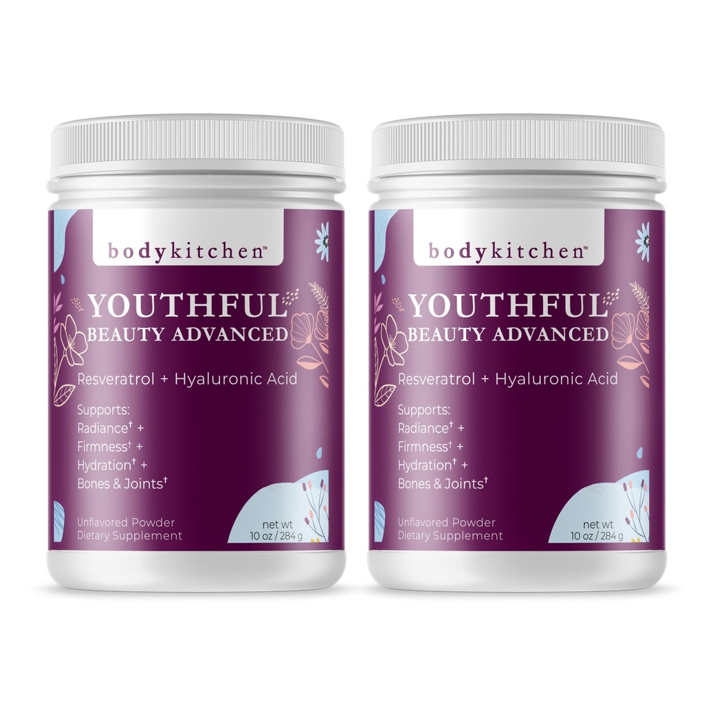 Body Kitchen Youthful Beauty Advanced, Collagen Peptides Powder for Beautiful Hair Skin Nails, Resveratrol and Hyaluronic Acid for Anti-Aging & Antioxidant Support, Grass Fed (Pack of 2)