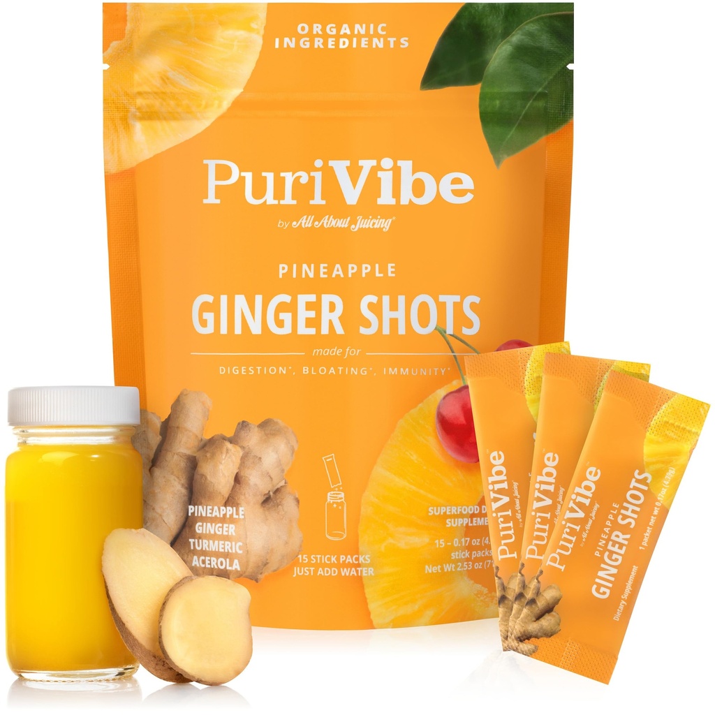 Όλα σχετικά με Juicing Ginger Shots με ανανά & κουρκουμά - Superfood Juice Powder - Ανοσία, Digestion & Energy Υποστήριξη - 15 Wellness Stick Packs - PuriVibe