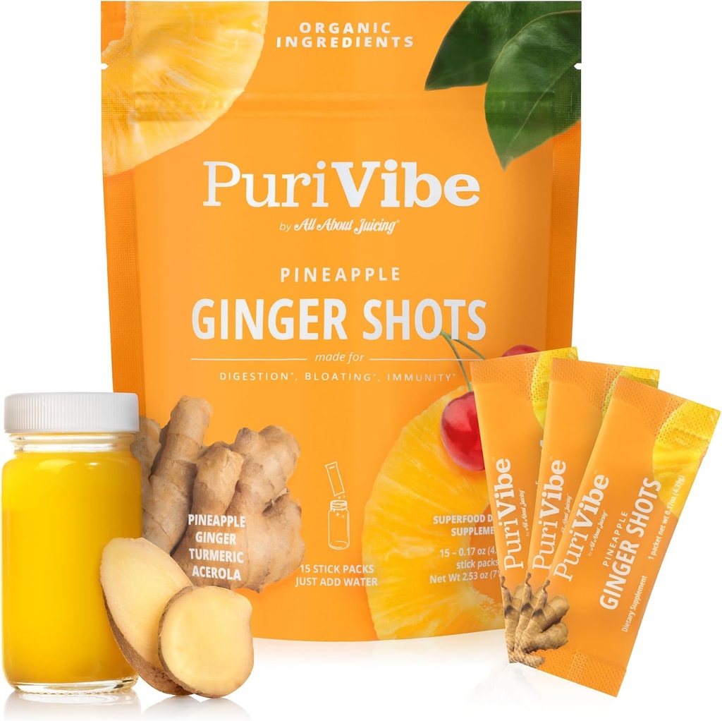 Όλα σχετικά με Juicing Ginger Shots με ανανά & κουρκουμά - Superfood Juice Powder - Ανοσία, Digestion & Energy Υποστήριξη - 15 Wellness Stick Packs - PuriVibe