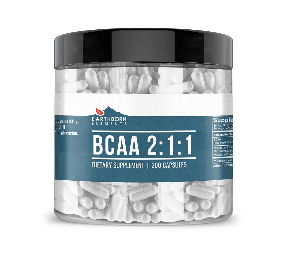 Earthborn στοιχεία BCAA, 200 κάψουλες, καθαρό & μη αραιωμένο, χωρίς πρόσθετα
