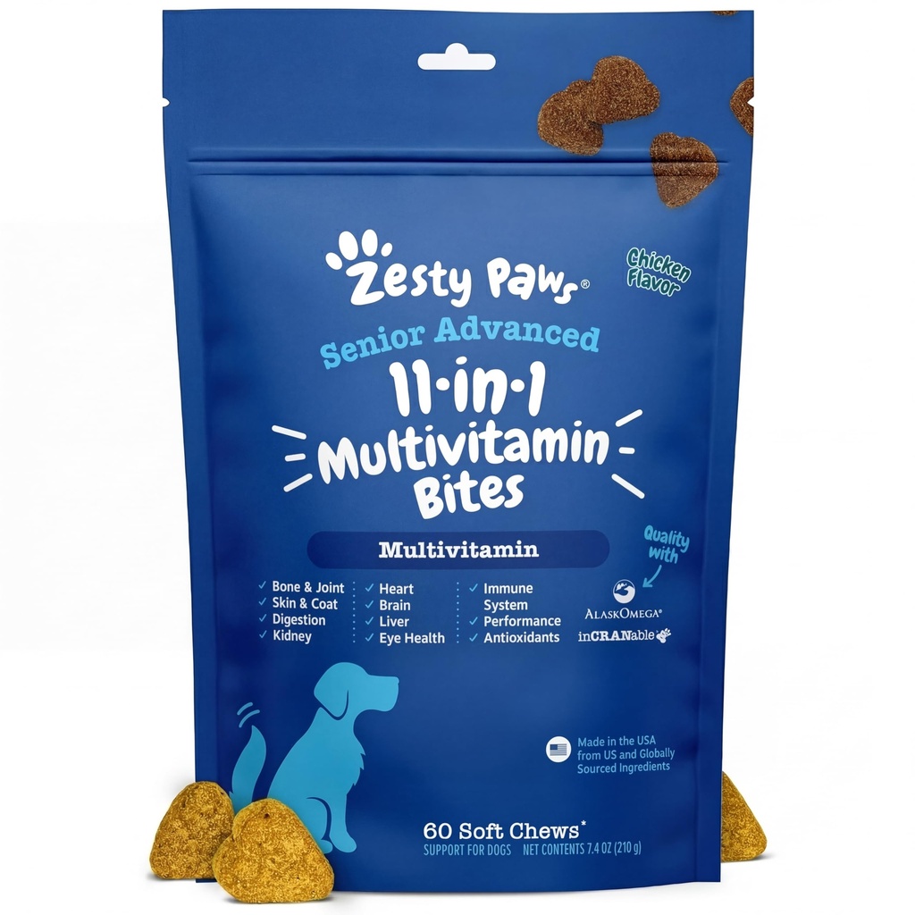 Zesty Paws Senior Dog Multivitamin Treats - Γλυκοζαμίνη για σκύλους + Digestive Enzymes & Probiotics - Βιταμίνες χωρίς σιτηρά και συμπληρώματα για το δέρμα & παλτό + Ανοσοποιητικό κοτόπουλο υγείας - Advanced - 60ct