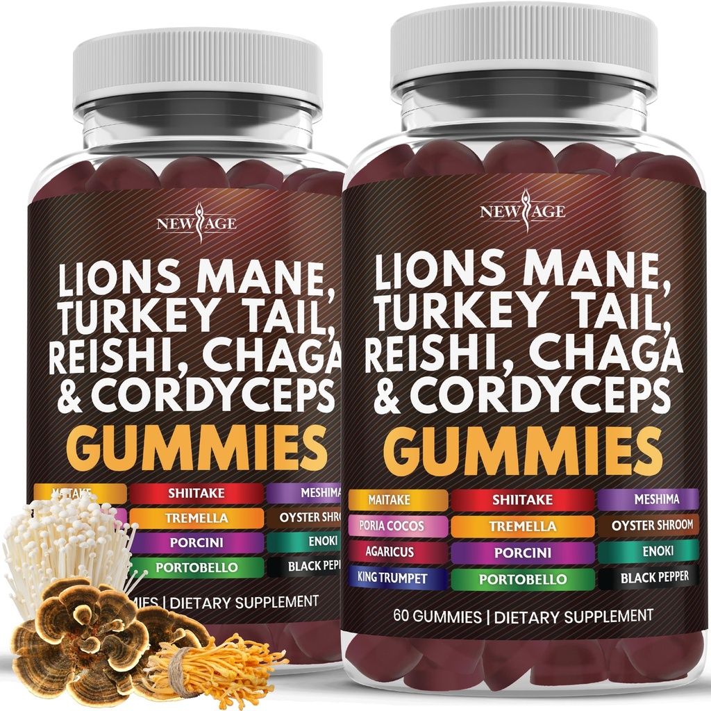 NEW AGE Mushroom Lion's Mane Supplement Gummies - Ολοκληρωμένο Συμπλήρωμα Μανιταριών για Γνωστική & Ανοσολογική Υποστήριξη, με Reishi, Cordyceps - 120 Count