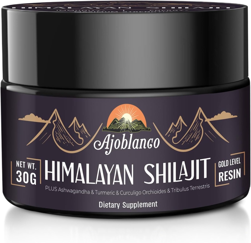 Ajoblanco 600mg Natural Himalayan Organic Shilajit Resin - Himalayan Gold Shilajit Resin with Organic Ayurvedic Blend in High Potency for Energy, Strength & Immunity, Pack of 1