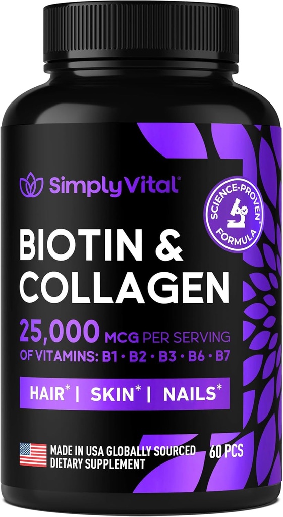 Biotin and Collagen Supplements with Keratin 25000 mcg - Hair Skin & Nails Vitamins with Collagen Keratin B Complex - Made in USA - Biotin for Hair Growth Women & Men Support Skin & Nails, 60 Capsules