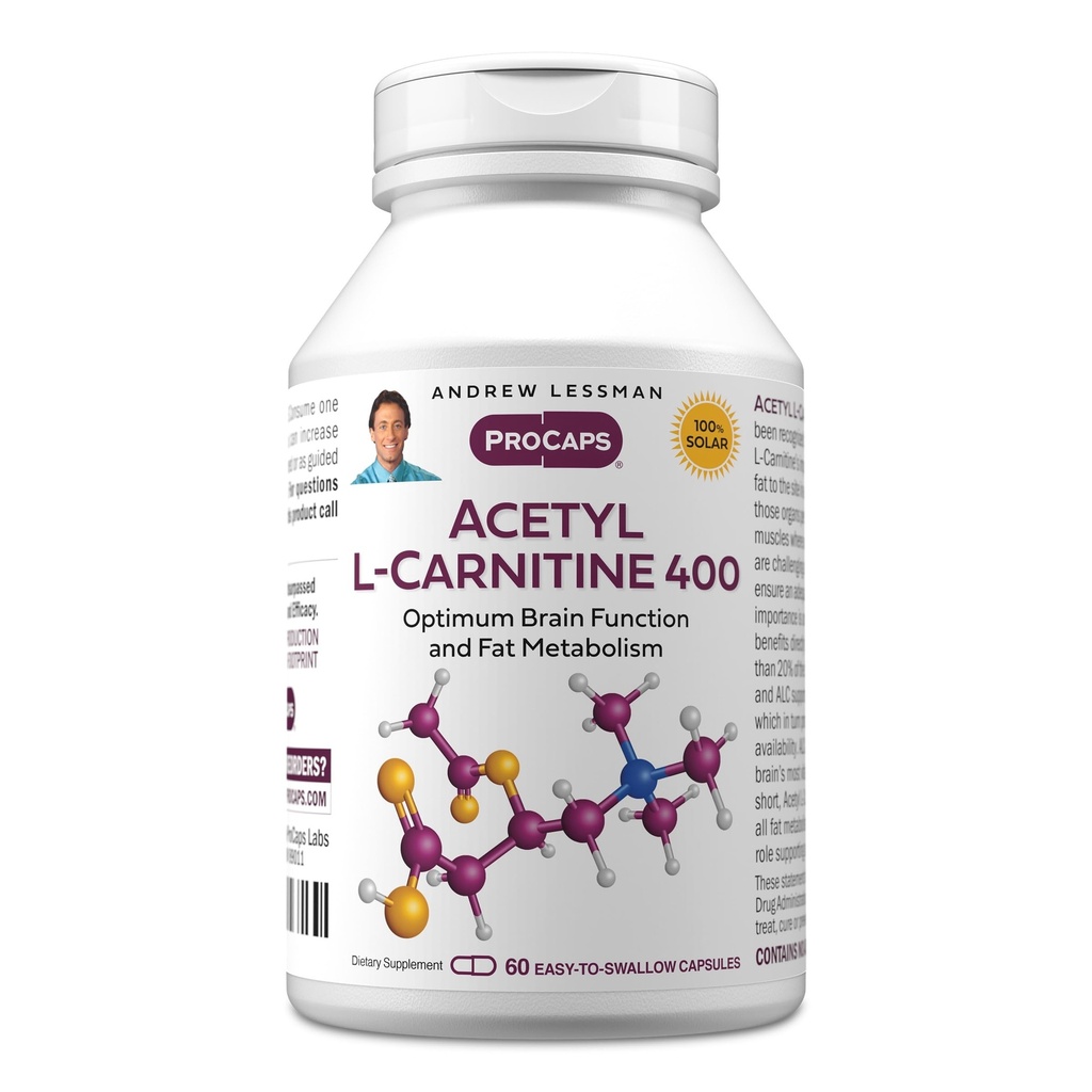 ANDREW LESSMAN Acetyl L-Carnitine 400 mg - 60 Κάψουλες - Υποστήριξη για το νευρικό σύστημα, το λίπος και την ενέργεια Μεταβολισμός, Υγιής λειτουργία του εγκεφάλου, Υγιεινή ροή αίματος στον εγκέφαλο. Εύκολες κάψουλες.