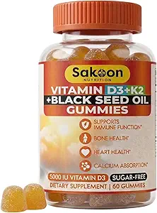 Sakoon nutrition 5000 IU Vitamin D3 K2 Vitamin Supplement with Black Seed Oil for Bone, Teeth, Muscle, and Immune Defense Support, Non-GMO and Gluten Free, 60 Gummy Chewables