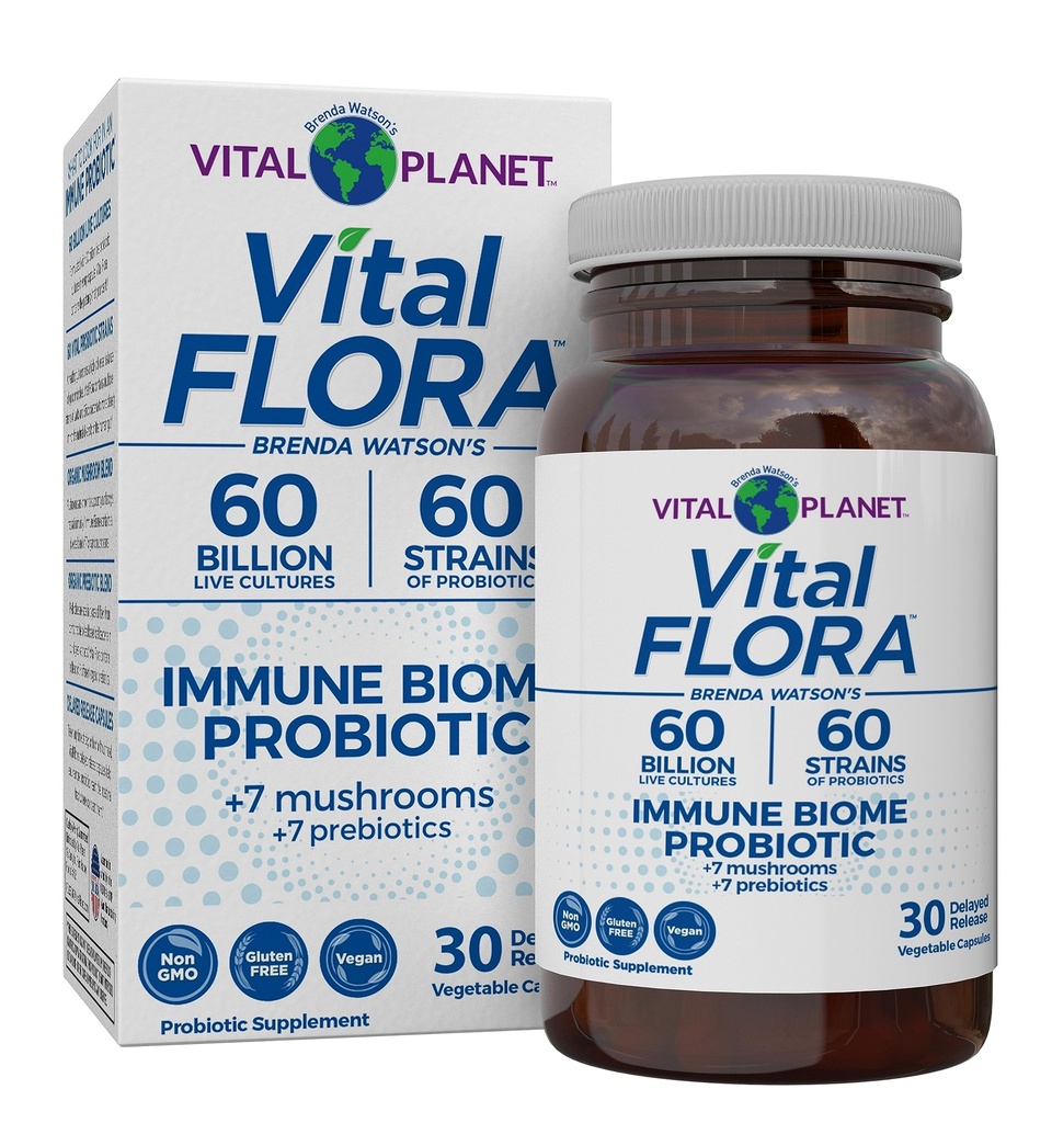 Vital Planet - Vital Flora Immune Support Probiotic, 60 Billion CFU, Diverse Strains, Organic Mushroom Supplement Blend with Prebiotics, Digestive Health Probiotics for Women and Men 30 Κάψουλες