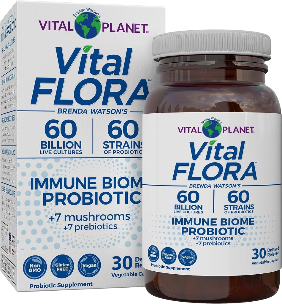 Vital Planet - Vital Flora Immune Support Probiotic, 60 Billion CFU, Diverse Strains, Organic Mushroom Supplement Blend with Prebiotics, Digestive Health Probiotics for Women and Men 30 Capsules