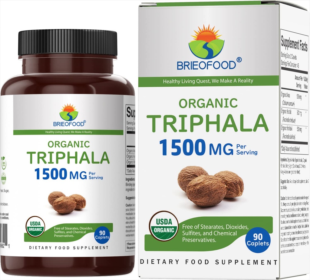 Brieofood Organic Triphala 1500mg, 45 μερίδες, χορτοφάγοι, χωρίς γλουτένη, 90 χορτοφαγικά δισκία