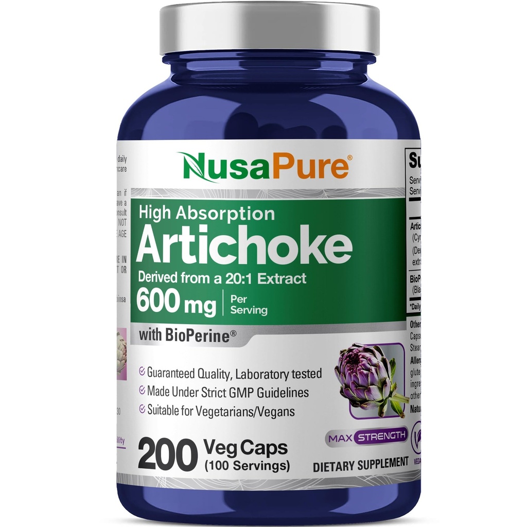NusaPure Artichoke Capsules, 600 mg, 200 Veg Capsules (Non-GMO, Gluten Free)