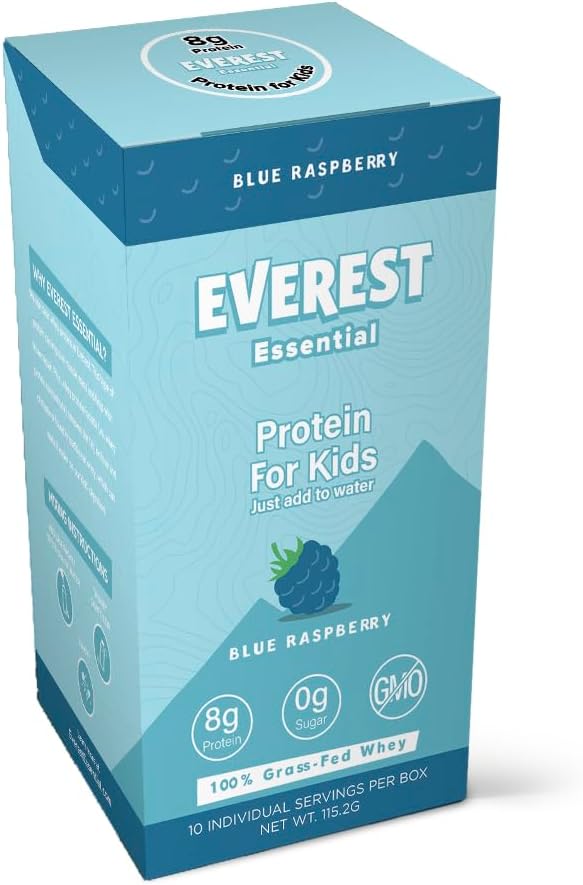 Everest Essential, Kid's Clear Whey Protein Powder (Blue Raspberry, 10 Packets) Protein Drink Mix for Kids, Electrolytes for Kids, 8g Protein Per Serving, Non GMO, Zero Added Sugar