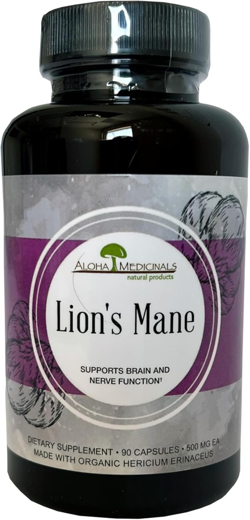 Aloha Medicals Lion's Mane, Certified Organic Mushroom Supplement,Supports Μνήμη και Συγκέντρωση, Πακέτο των 1, 90 Καψουλών