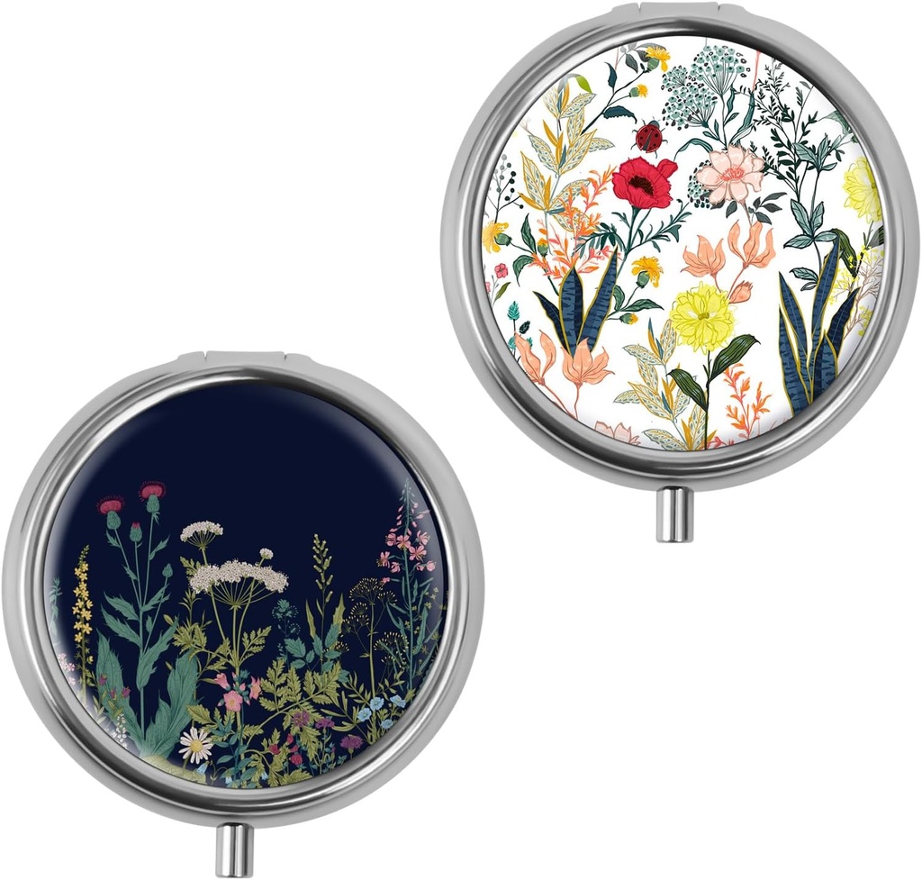 Mini Pill Box, Μικρό κουτί χαπιών, Φορητό κουτί χαπιών, Χαριτωμένος οργανωτής χαπιών για βιταμίνες, φάρμακα, ιχθυέλαιο και συμπληρώματα (Λευκά λουλούδια + μαύρα λουλούδια)