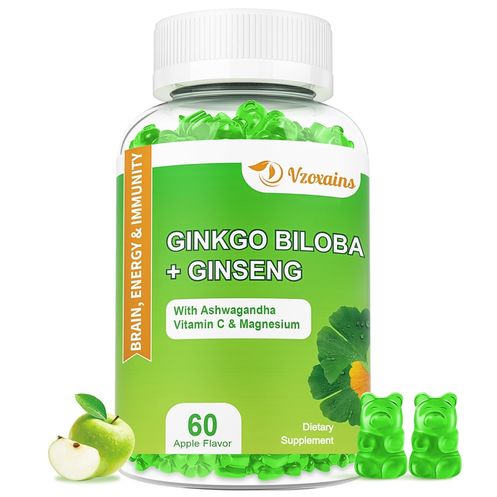 240MG Ginkgo Biloba Gummies με Ginseng και μαγνήσιο, Ginko Biloba Συμπληρώματα Gummies για το εγκεφαλικό Focus, Mood και τη μνήμη για ενήλικες, 60 Cts