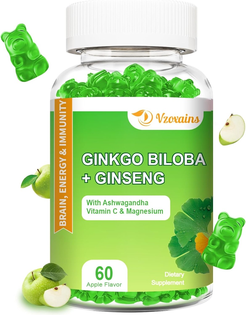 240MG Ginkgo Biloba Gummies με Ginseng και μαγνήσιο, Ginko Biloba Συμπληρώματα Gummies για το εγκεφαλικό Focus, Mood και τη μνήμη για ενήλικες, 60 Cts