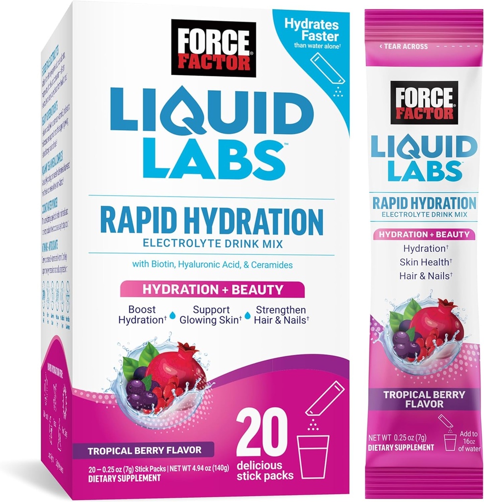 Force Factor Liquid Labs Beauty, Hydration Packet για πιο δυνατά μαλλιά, δέρμα & νύχια. Σκόνη ηλεκτρολυτών με Υαλουρονικό Οξύ, Βιοτίνη και Ceramides. Τροπική γεύση μούρου, 20 πακέτα ραβδιών