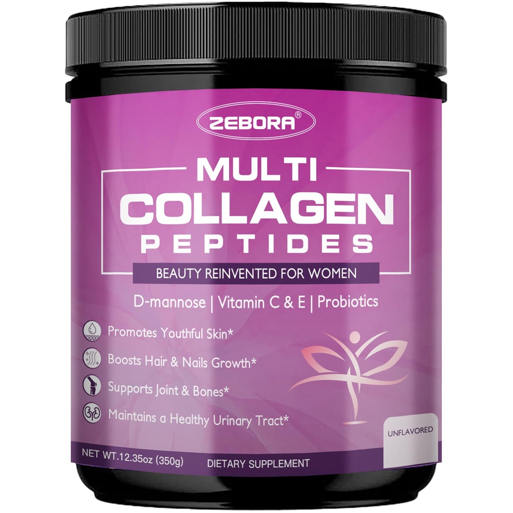 ZEBORA Multi Collagen Peptides Peptides σε σκόνη για γυναίκες – Hydrolyzed Collagen Peptides με D-Mannose & Γυναικεία Προβιοτικά – Υποστηρίζει το δέρμα, τα μαλλιά, τα νύχια, και την ουρολοίμωξη της υγείας, Άγευστη, 35 υπηρεσίες