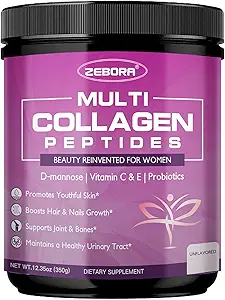 ZEBORA Multi Collagen Peptides Powder for Women – Hydrolyzed Collagen Peptides with D-Mannose & Women's Probiotics – Supports Skin, Hair, Nails, and Urinary Tract Health, Unflavored, 35 Servings