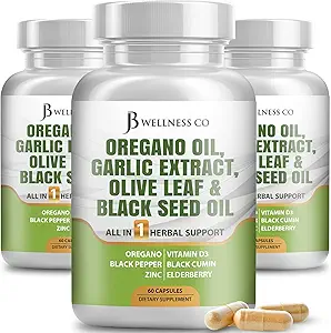 JB Wellness Oregano Oil, εκχύλισμα σκόρδου, Olive Leaf, με Astragalus - Immune Support & Digestive Health Supplement for Women and Men - 180 Count