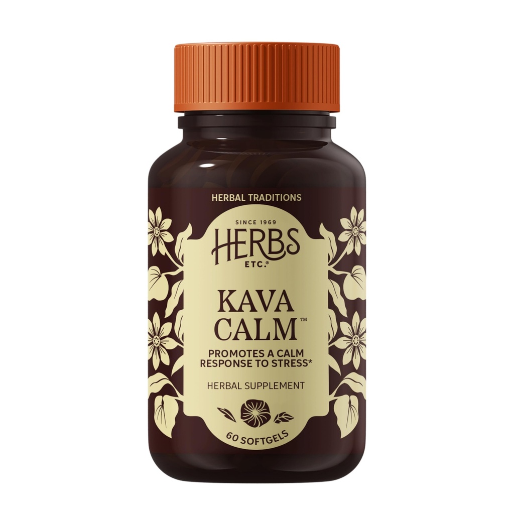 Herbs Etc. Kava Calm Softgels - Herbal Supplement for Calm Energy & Natural Relaxation Support - Soothing Kava Root, Chamomile & Milky Oats - Gluten-Free & Organic - 60 Count (60 Servings)