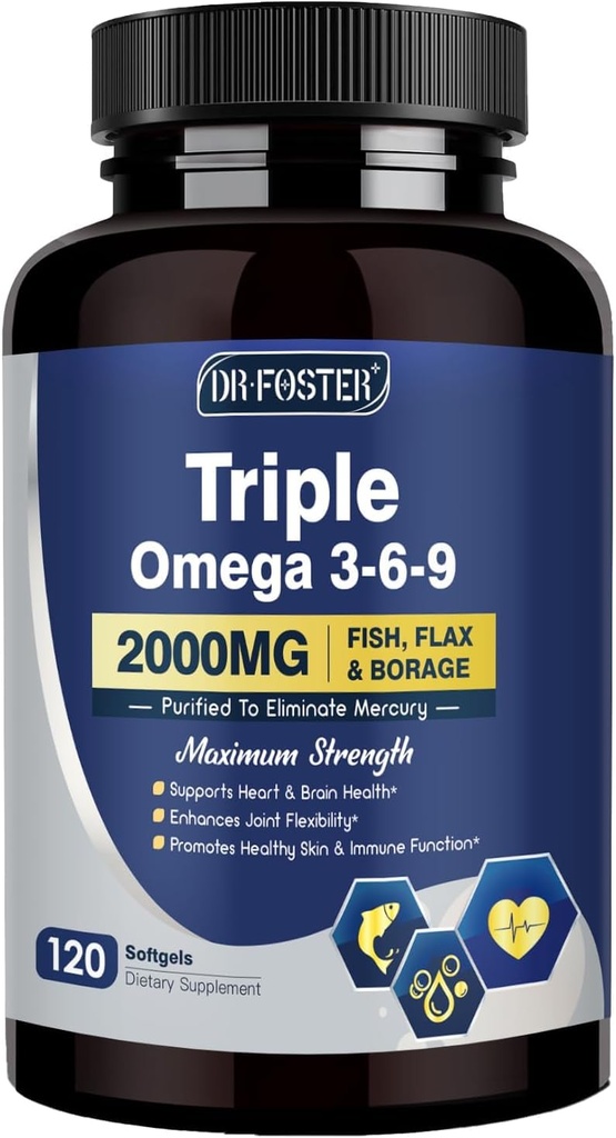 Triple Omega 3-6-9 Fish Oil 2000mg με Βιταμίνη Ε - Συμπλήρωμα λιπαρών οξέων EPA & DHA - Υποστηρίζει την καρδιά, τον εγκέφαλο, το μάτι, το δέρμα και το ανοσοποιητικό υγεία - Περιλαμβάνει flaxseed & vorage, μη ΓΤΟ, 120 Softgels
