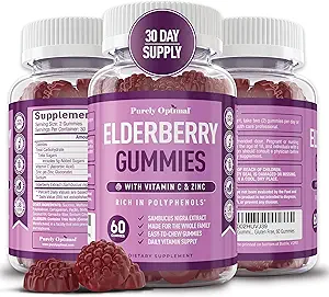 Αμιγώς Optimal Gummys Elderberry - συμπλήρωμα ανοσοποιητικής υποστήριξης με βιταμίνη C & ψευδάργυρο, οργανικό εκχύλισμα μαύρου elderberry, Vegan, μη-GMO, χωρίς γλουτένη, 60 Count