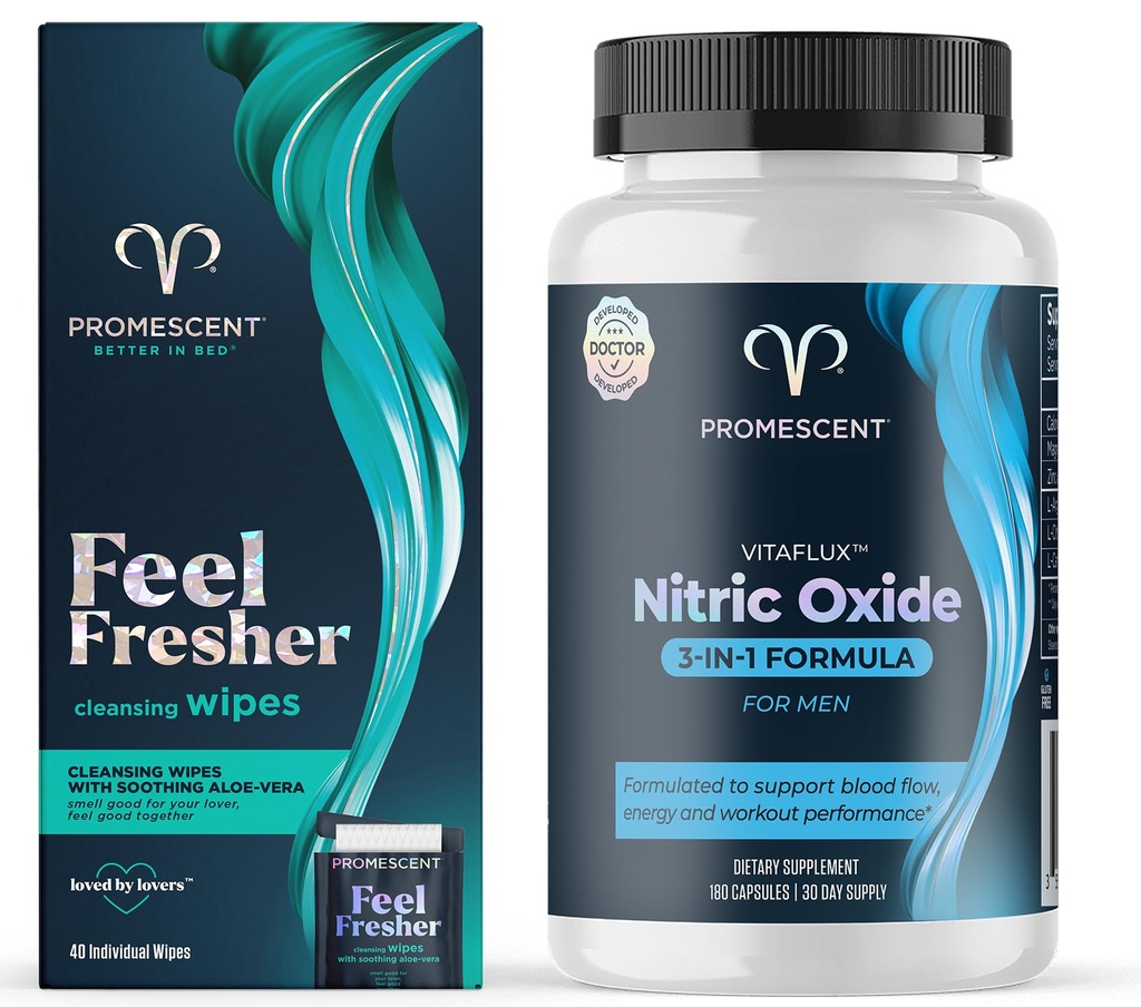 Promescent Flushable μαντηλάκια για ενήλικες + VitaFLUX τριπλή δύναμη συμπλήρωμα νιτρικού οξειδίου για αρσενική απόδοση, Σταματίνα, ενέργεια, ανάκτηση - L Αργινίνη 2000mg, L Καρνιτίνη 1000mg, ψευδάργυρος, μαγνήσιο - Amino A