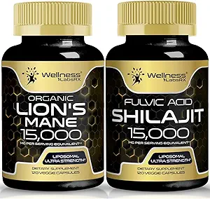 WELLNESS LABSRX Lions Mane Supplement Capsules - 120 Count - Mushroom Supplement, Brain Supplements for Memory and Focus │Shilajit Pure Himalayan Organic Capsules with Naturally Occuring Fulvic Acid