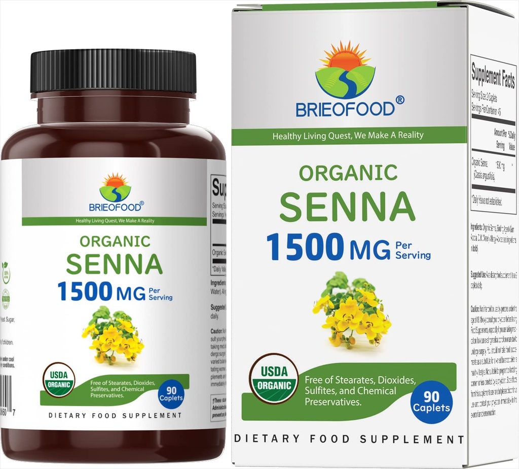 Brieofood Organic Senna 1500mg, 45 μερίδες, χορτοφαγικά, χωρίς γλουτένη, 90 χορτοφαγικά δισκία